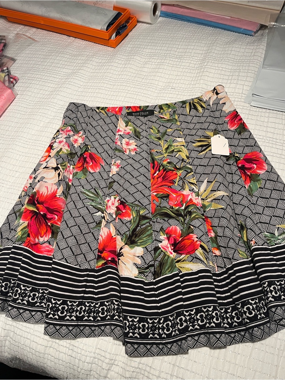 White House Black Market Black Floral Circle Skirt with Red Accents